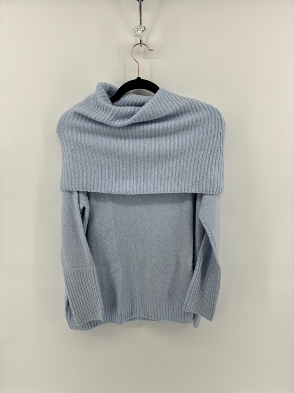 Light Blue Off-Shoulder Ribbed Sweater - Picture 2 of 8